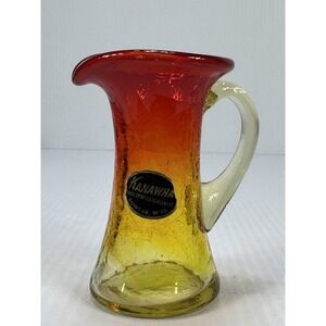 VTG Kanawha Amberina Hand Blown Crackle Glass Pitcher Applied Handle Red Yellow